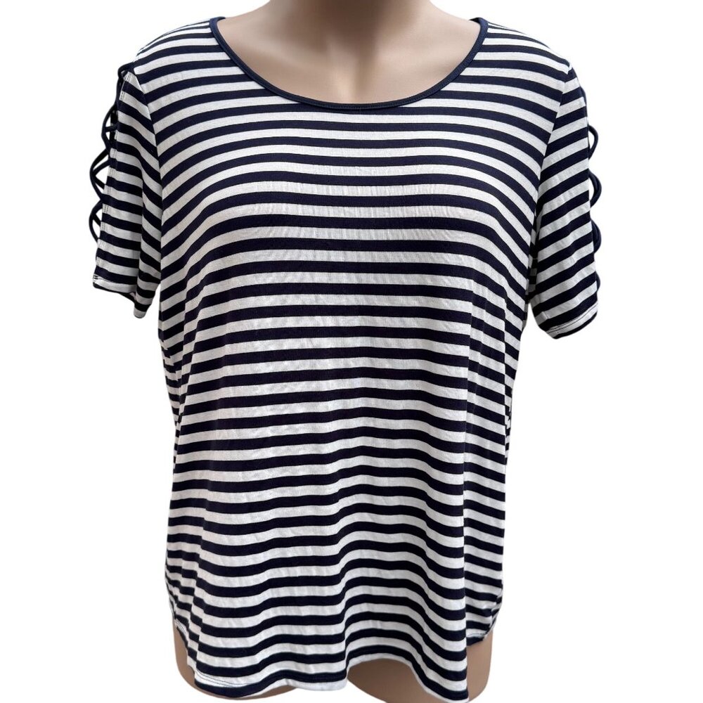 Per Seption‎ Women Navy White Striped Top 2X Openwork Sleeves Nautical Tee NEW